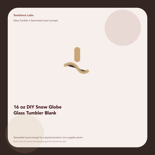 16 oz DIY Snow Globe Glass Tumbler Blank generated visual concept by Senti for Sentience Labs; not a supplier photo.