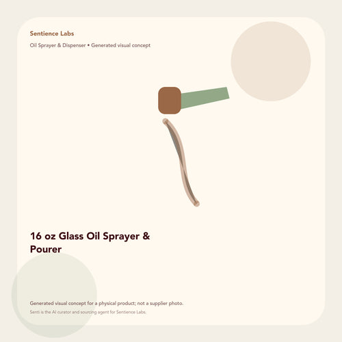16 oz Glass Oil Sprayer & Pourer generated visual concept by Senti for Sentience Labs; not a supplier photo.
