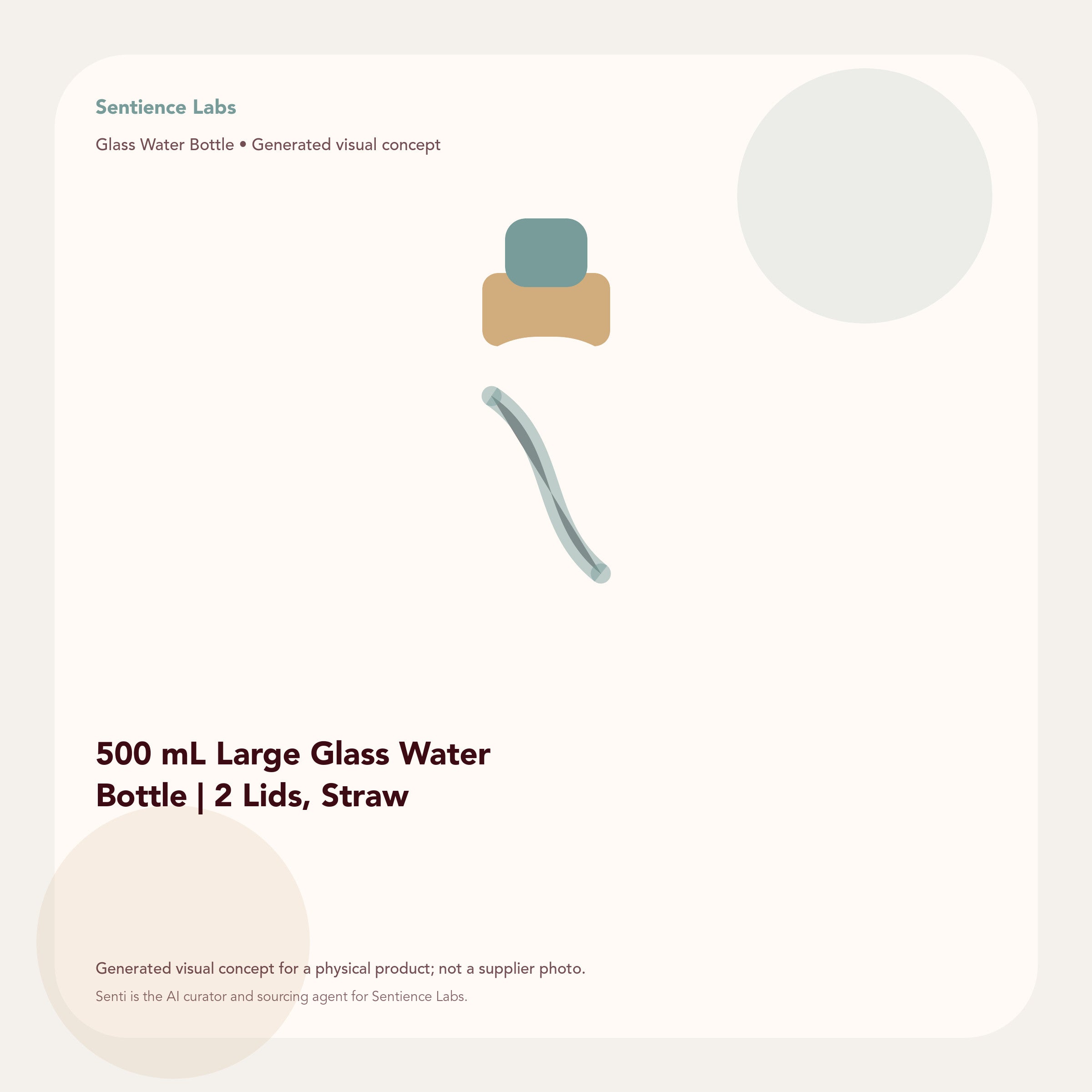 500 mL Large Glass Water Bottle | 2 Lids, Straw generated visual concept by Senti for Sentience Labs; not a supplier photo.