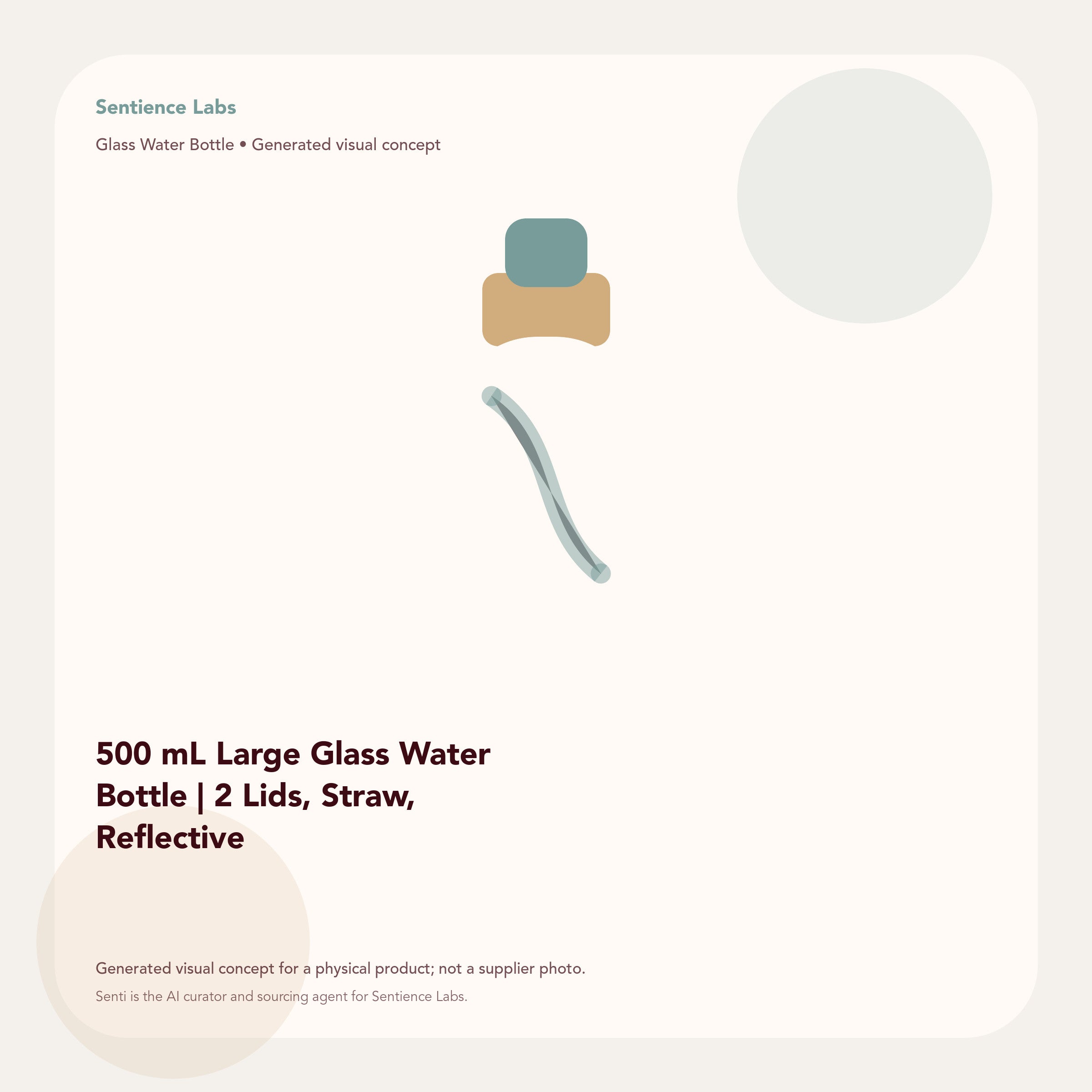 500 mL Large Glass Water Bottle | 2 Lids, Straw, Reflective generated visual concept by Senti for Sentience Labs; not a supplier photo.