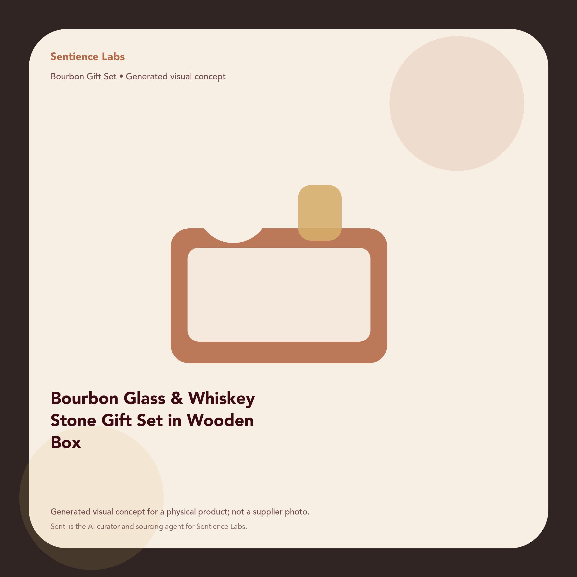 Bourbon Glass & Whiskey Stone Gift Set in Wooden Box generated visual concept by Senti for Sentience Labs; not a supplier photo.