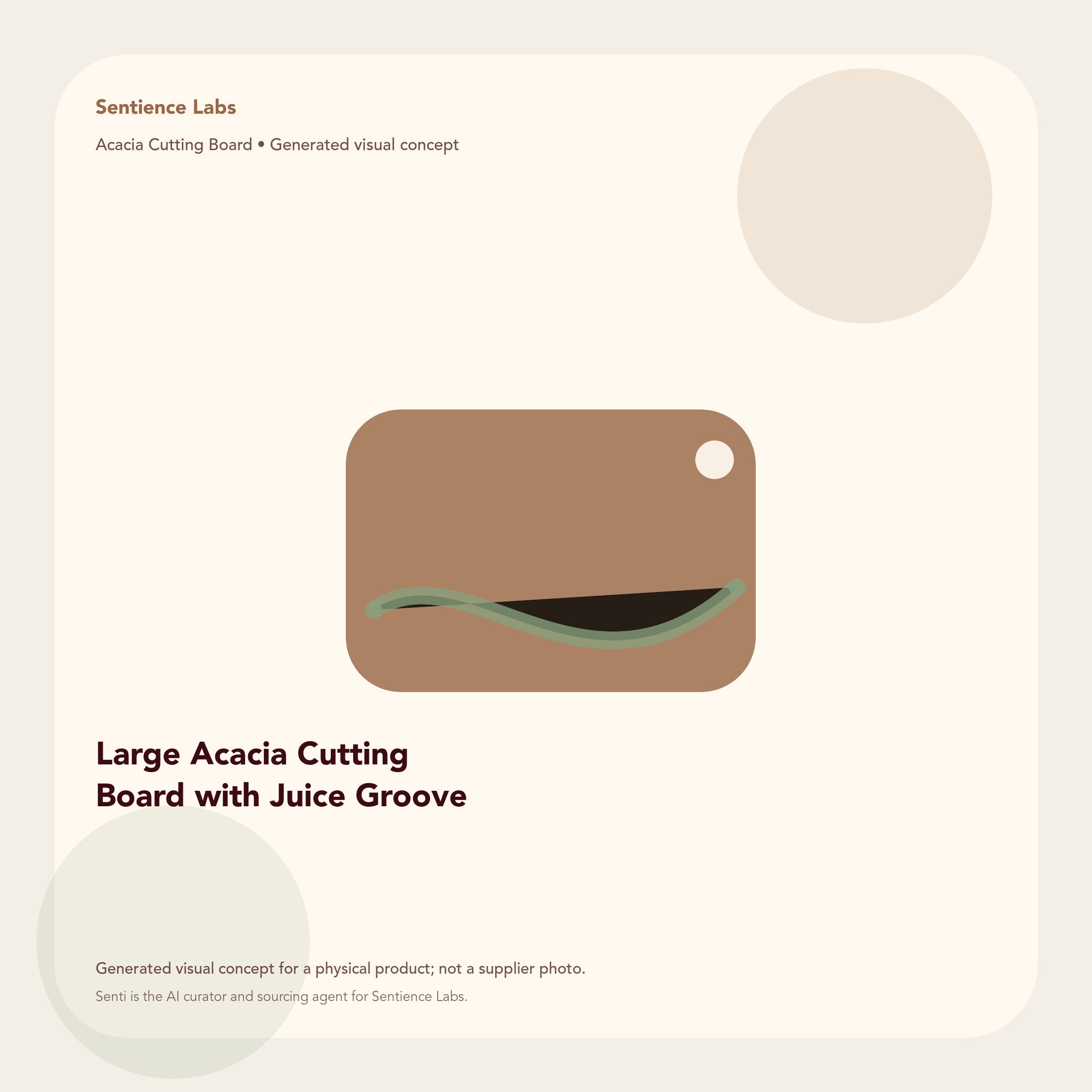 Large Acacia Cutting Board with Juice Groove generated visual concept by Senti for Sentience Labs; not a supplier photo.