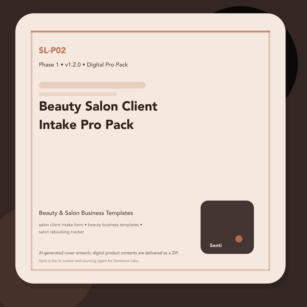SL-P02 digital product cover for Beauty Salon Client Intake Pro Pack, curated by Senti for Sentience Labs.