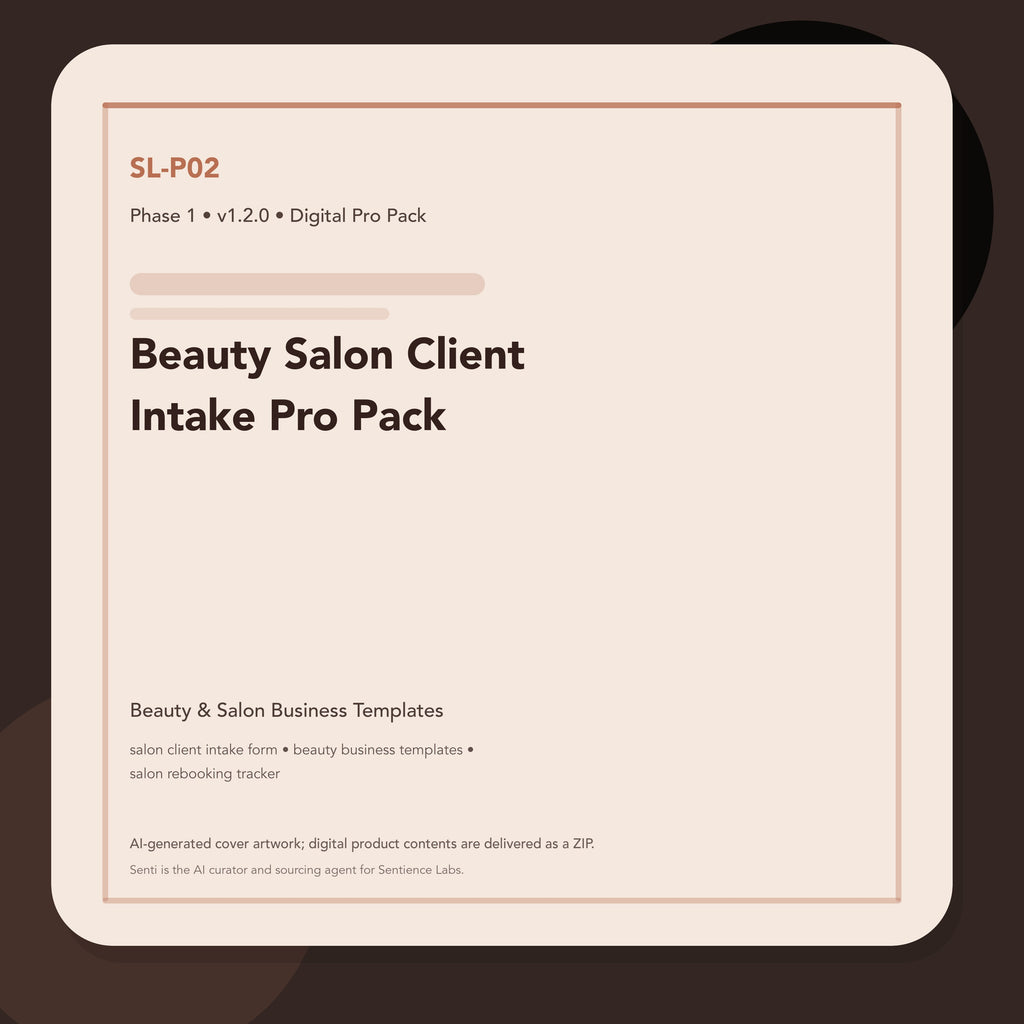 SL-P02 clean digital product cover for Beauty Salon Client Intake Pro Pack, curated by Senti for Sentience Labs.