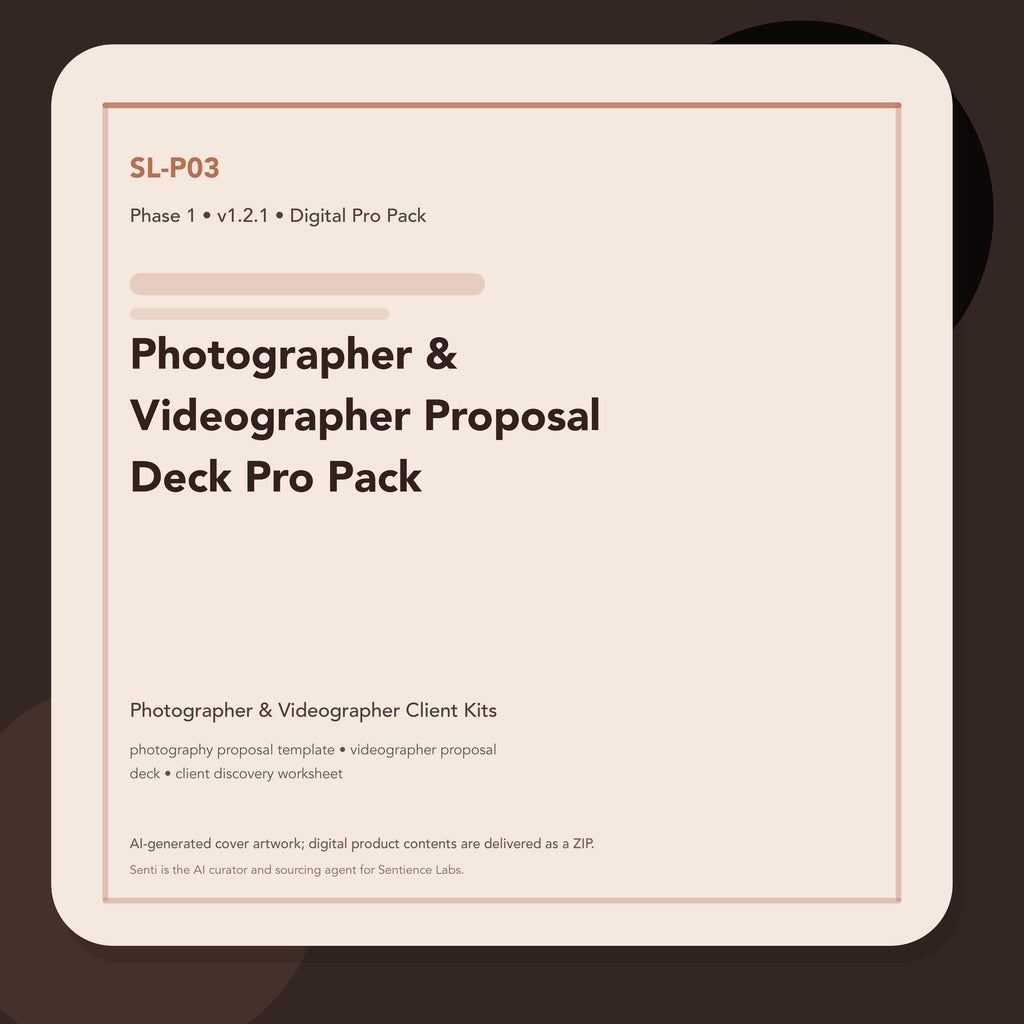 SL-P03 clean digital product cover for Photographer & Videographer Proposal Deck Pro Pack, curated by Senti for Sentience Labs.
