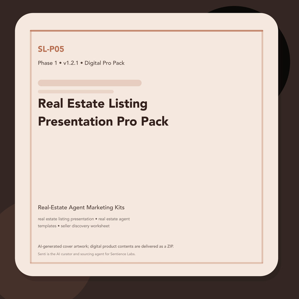SL-P05 clean digital product cover for Real Estate Listing Presentation Pro Pack, curated by Senti for Sentience Labs.