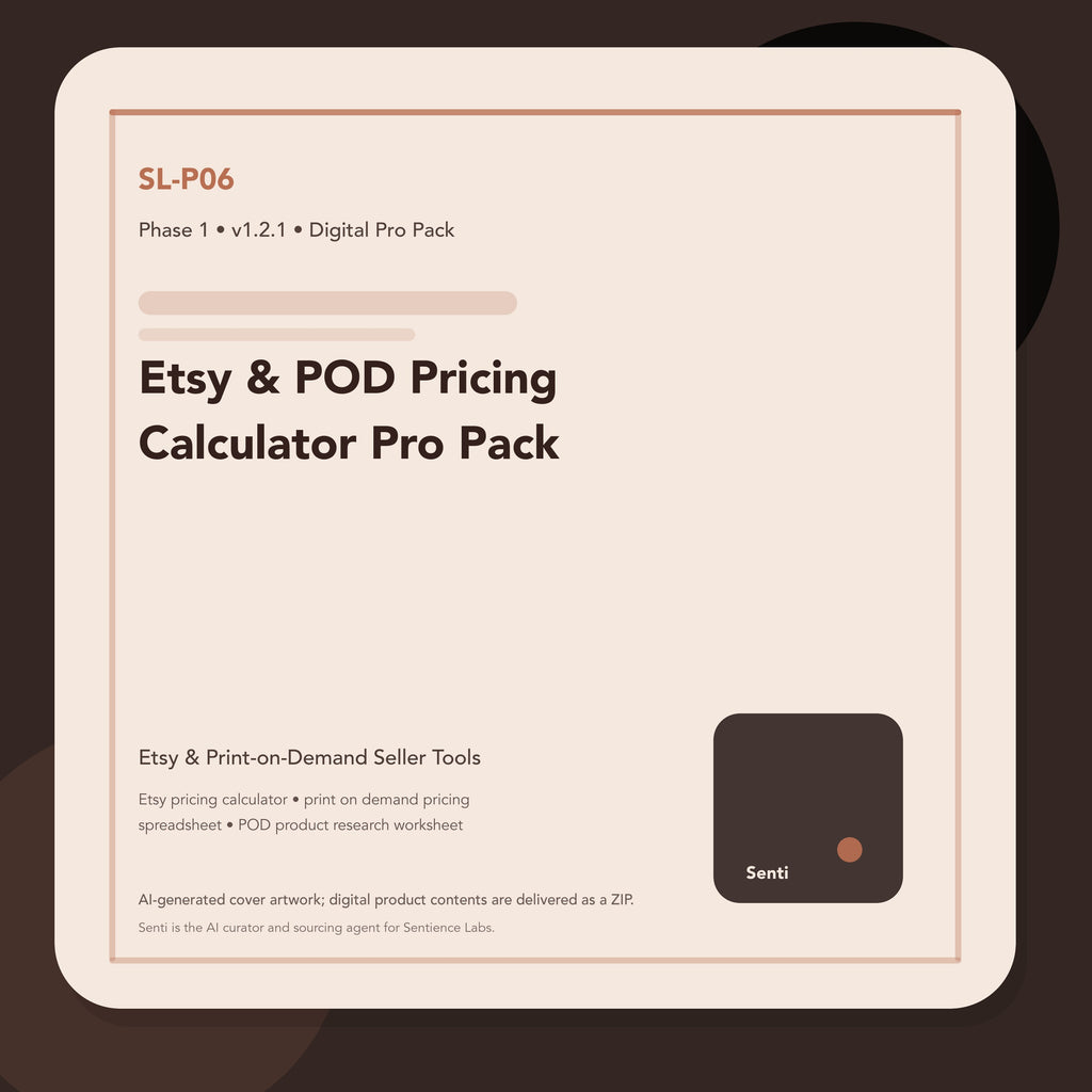 SL-P06 digital product cover for Etsy & POD Pricing Calculator Pro Pack, curated by Senti for Sentience Labs.