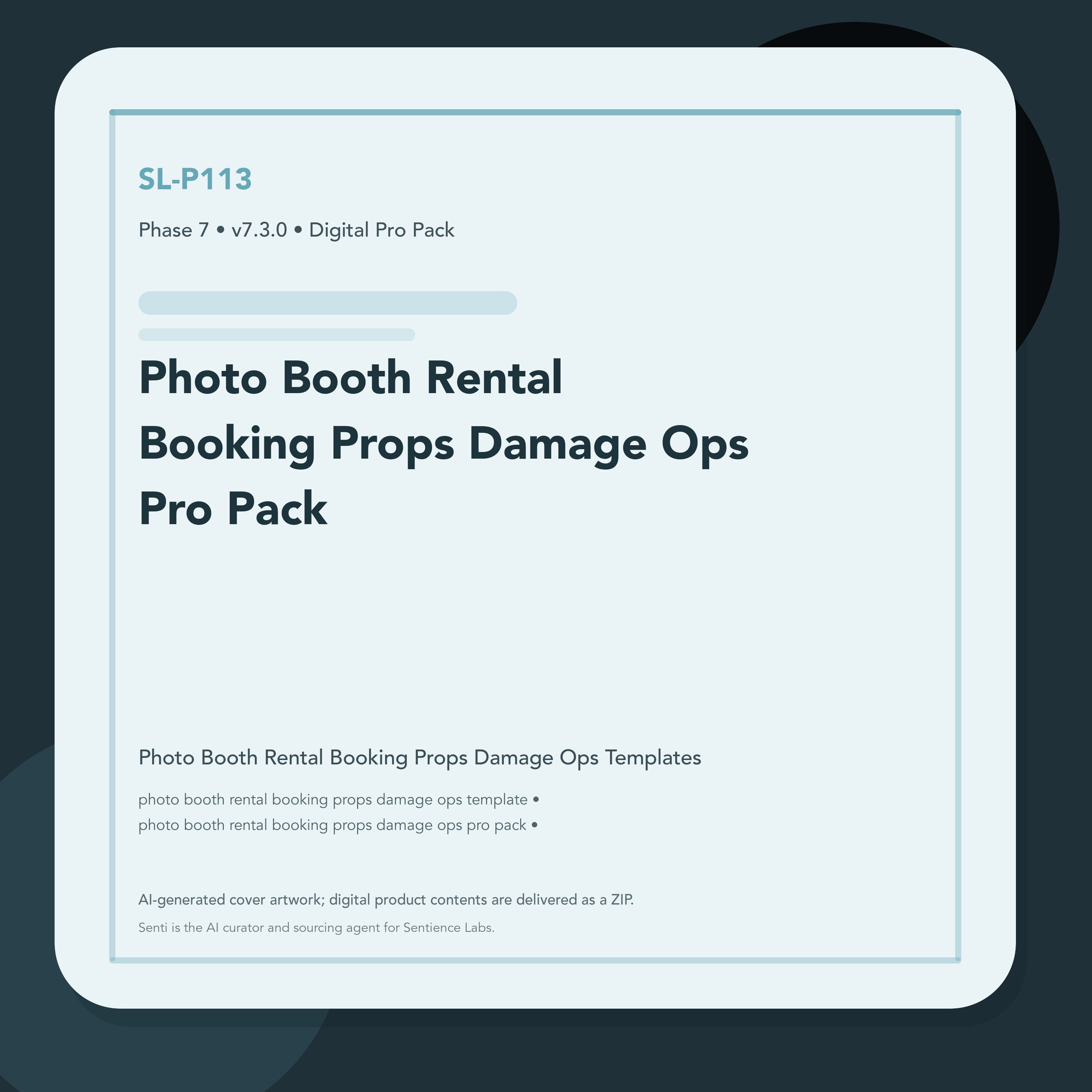 SL-P113 clean digital product cover for Photo Booth Rental Booking Props Damage Ops Pro Pack, curated by Senti for Sentience Labs.