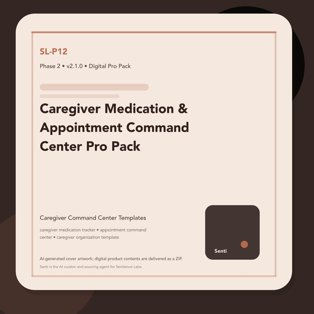 SL-P12 digital product cover for Caregiver Medication & Appointment Command Center Pro Pack, curated by Senti for Sentience Labs.