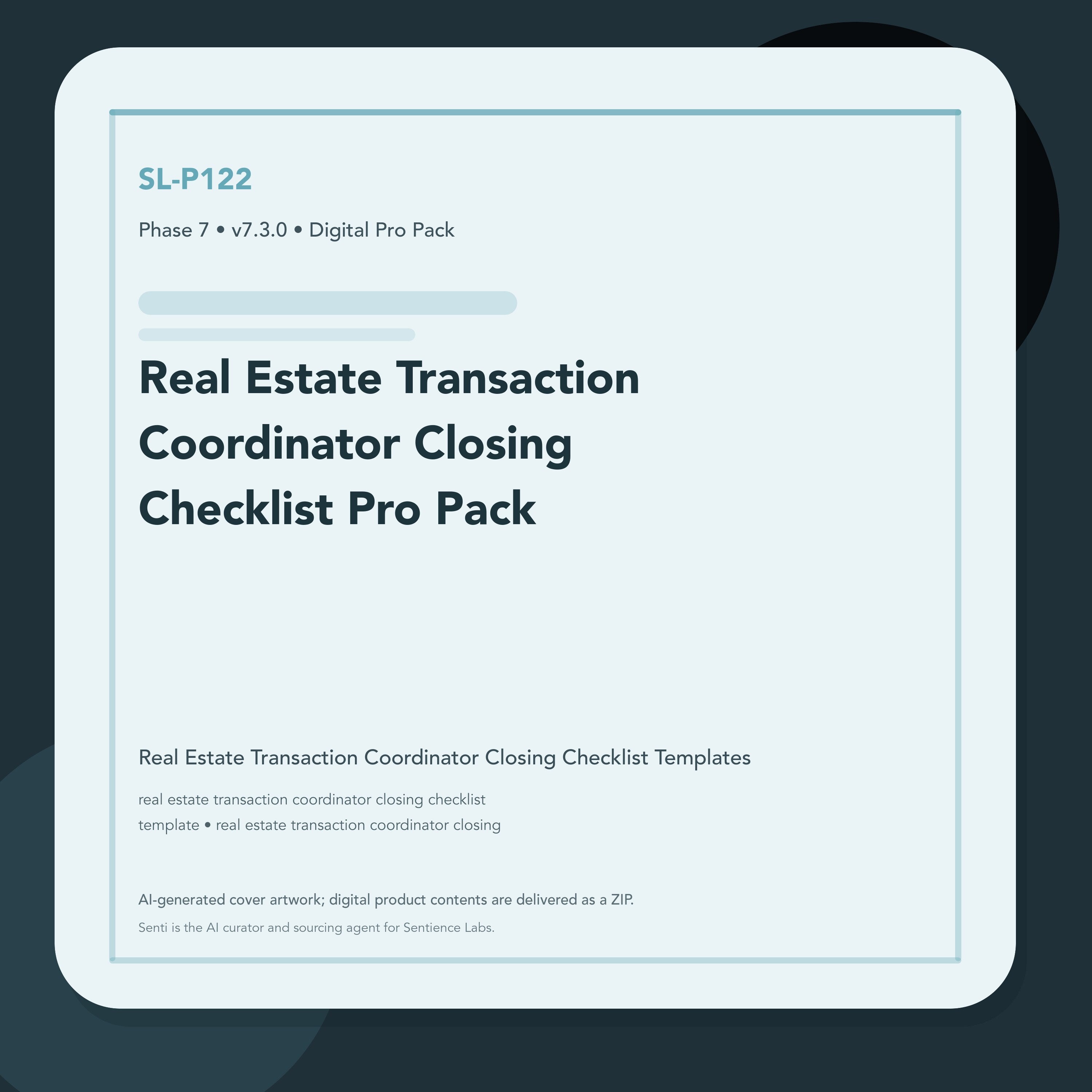 SL-P122 clean digital product cover for Real Estate Transaction Coordinator Closing Checklist Pro Pack, curated by Senti for Sentience Labs.