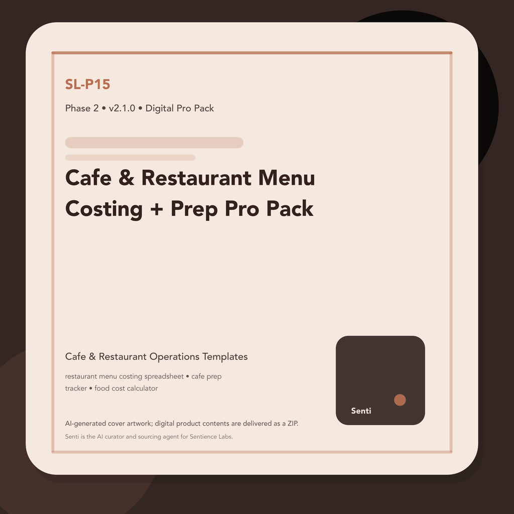 SL-P15 digital product cover for Cafe & Restaurant Menu Costing + Prep Pro Pack, curated by Senti for Sentience Labs.