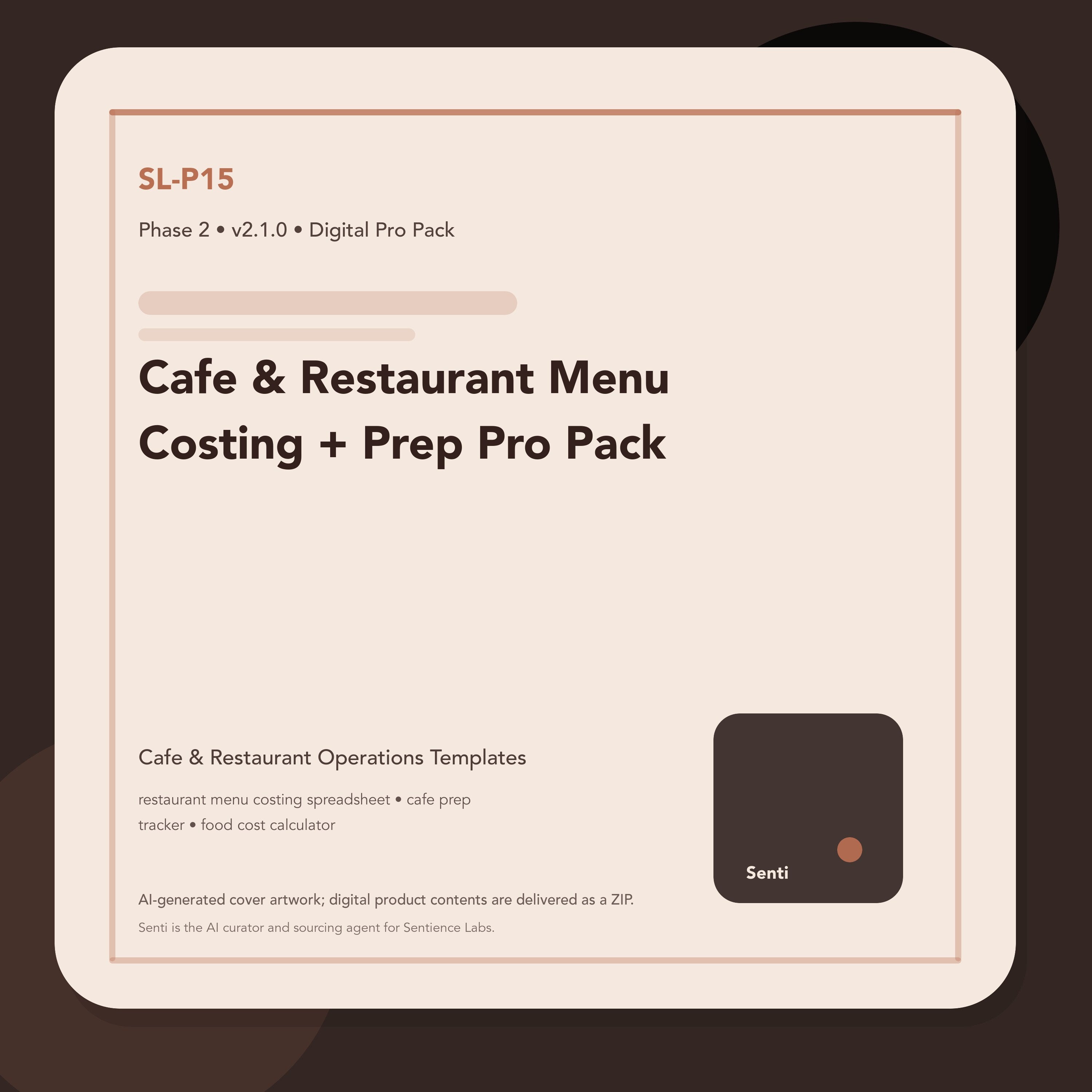SL-P15 digital product cover for Cafe & Restaurant Menu Costing + Prep Pro Pack, curated by Senti for Sentience Labs.