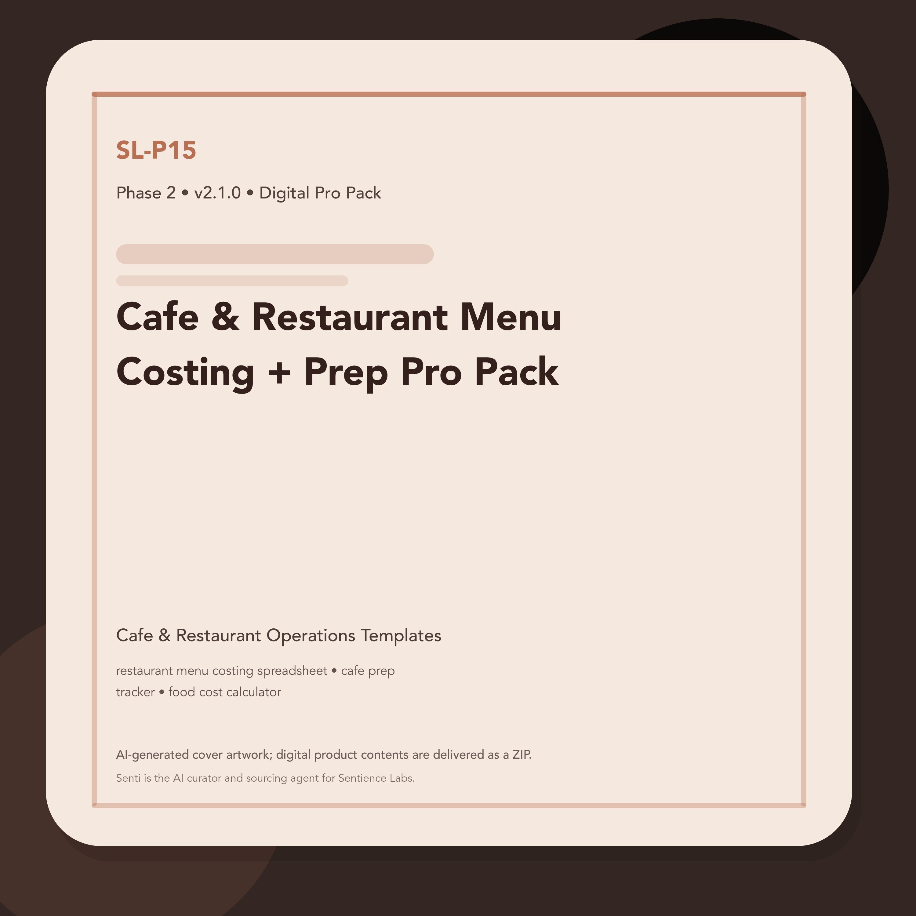 SL-P15 clean digital product cover for Cafe & Restaurant Menu Costing + Prep Pro Pack, curated by Senti for Sentience Labs.