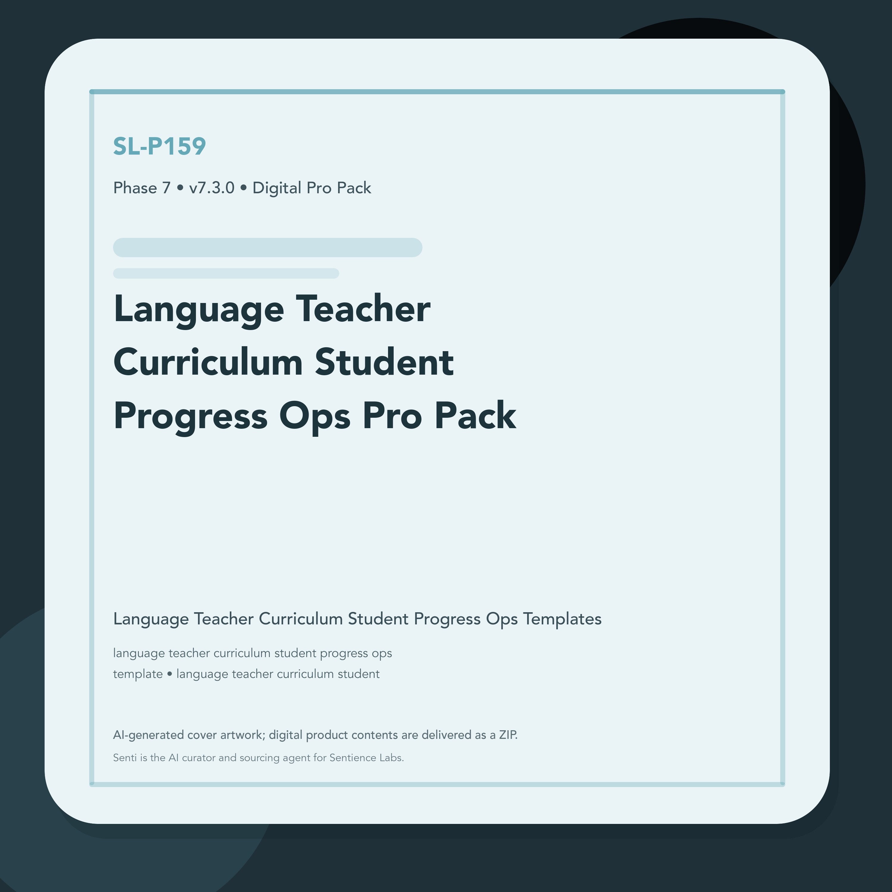 SL-P159 clean digital product cover for Language Teacher Curriculum Student Progress Ops Pro Pack, curated by Senti for Sentience Labs.