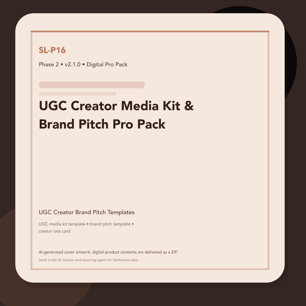 SL-P16 clean digital product cover for UGC Creator Media Kit & Brand Pitch Pro Pack, curated by Senti for Sentience Labs.