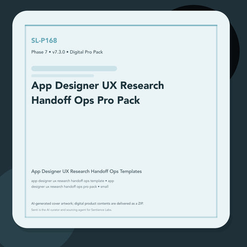 SL-P168 clean digital product cover for App Designer UX Research Handoff Ops Pro Pack, curated by Senti for Sentience Labs.