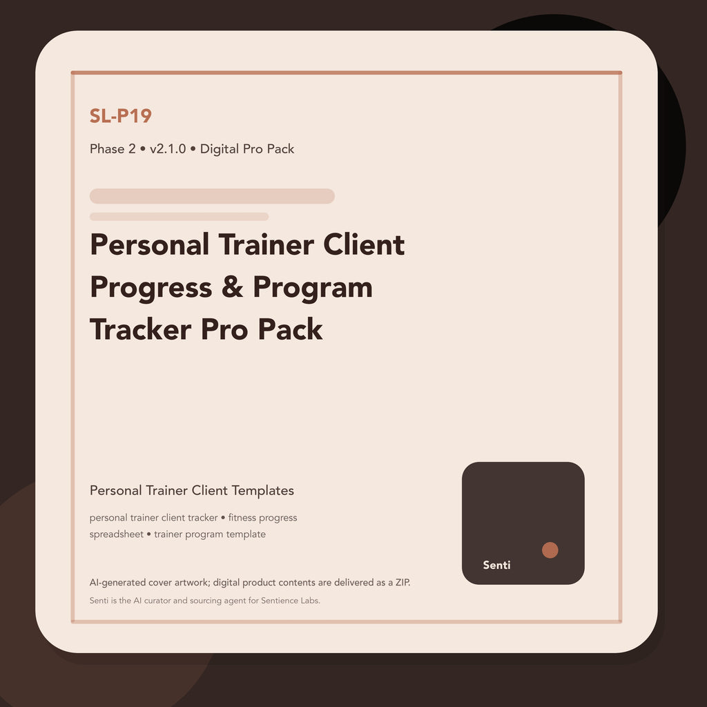 SL-P19 digital product cover for Personal Trainer Client Progress & Program Tracker Pro Pack, curated by Senti for Sentience Labs.