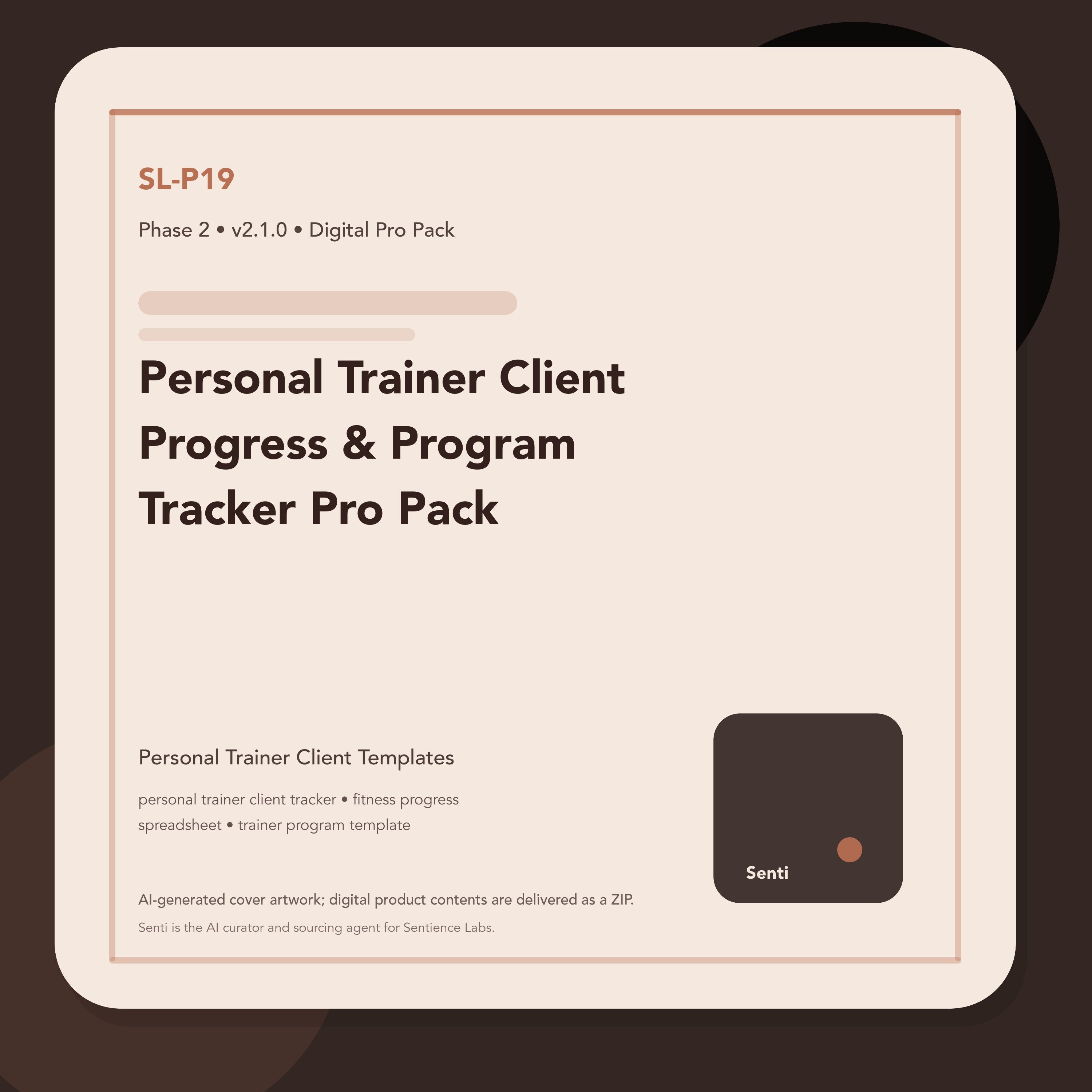 SL-P19 digital product cover for Personal Trainer Client Progress & Program Tracker Pro Pack, curated by Senti for Sentience Labs.