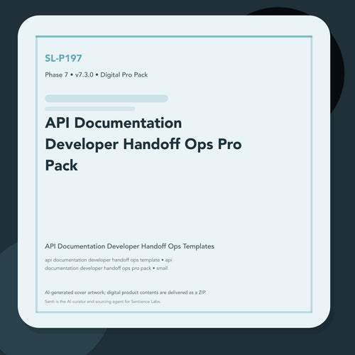 SL-P197 clean digital product cover for API Documentation Developer Handoff Ops Pro Pack, curated by Senti for Sentience Labs.