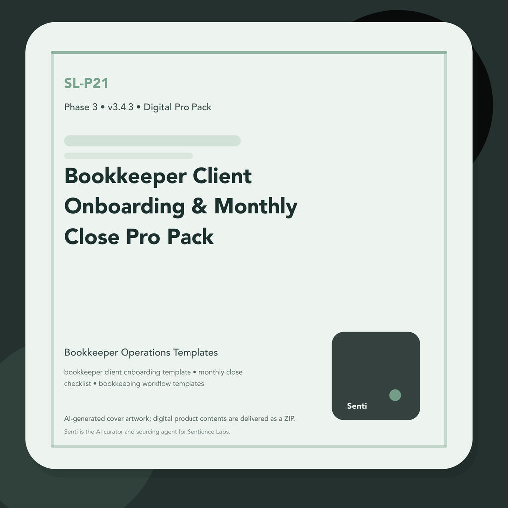 SL-P21 digital product cover for Bookkeeper Client Onboarding & Monthly Close Pro Pack, curated by Senti for Sentience Labs.
