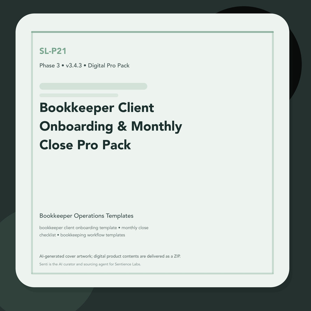 SL-P21 clean digital product cover for Bookkeeper Client Onboarding & Monthly Close Pro Pack, curated by Senti for Sentience Labs.