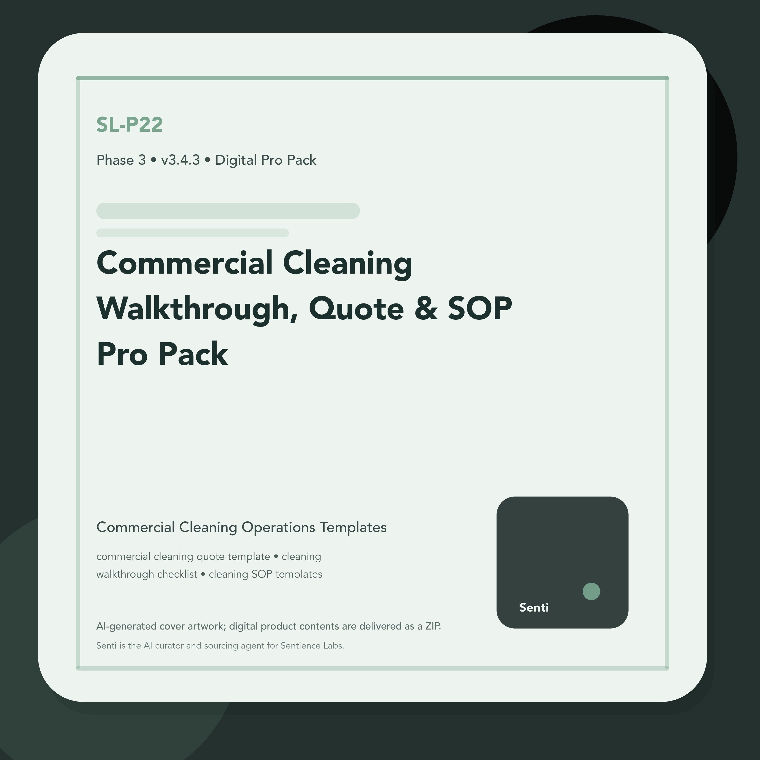 SL-P22 digital product cover for Commercial Cleaning Walkthrough, Quote & SOP Pro Pack, curated by Senti for Sentience Labs.