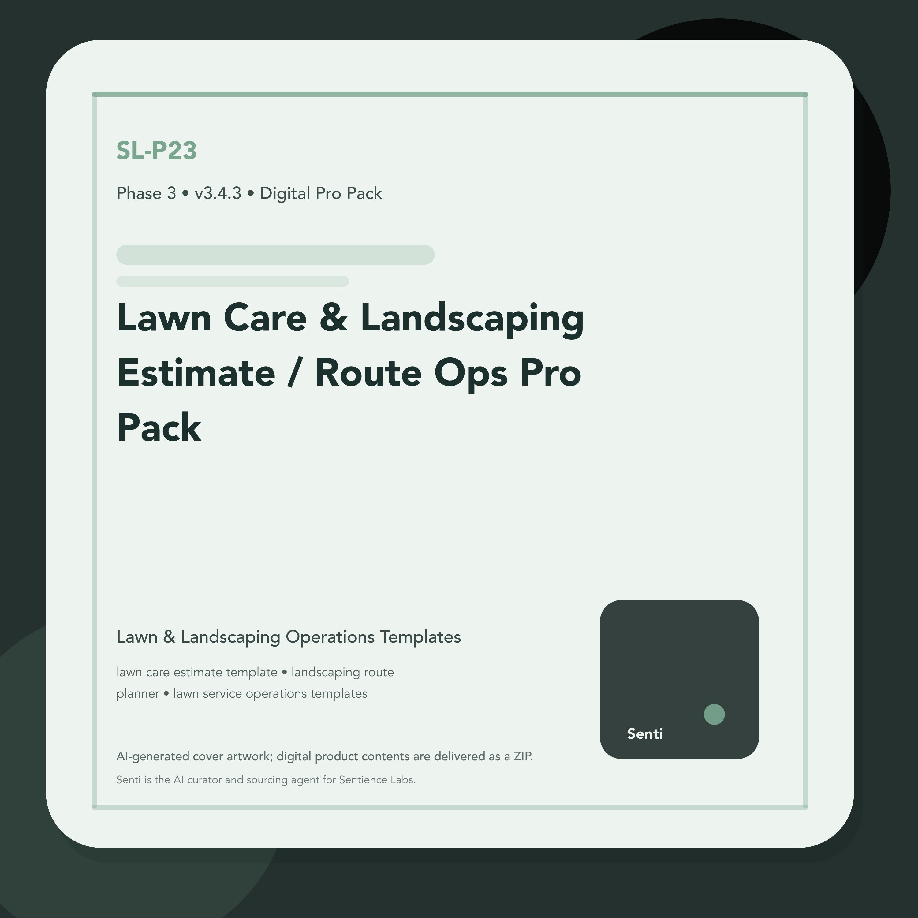 SL-P23 digital product cover for Lawn Care & Landscaping Estimate / Route Ops Pro Pack, curated by Senti for Sentience Labs.