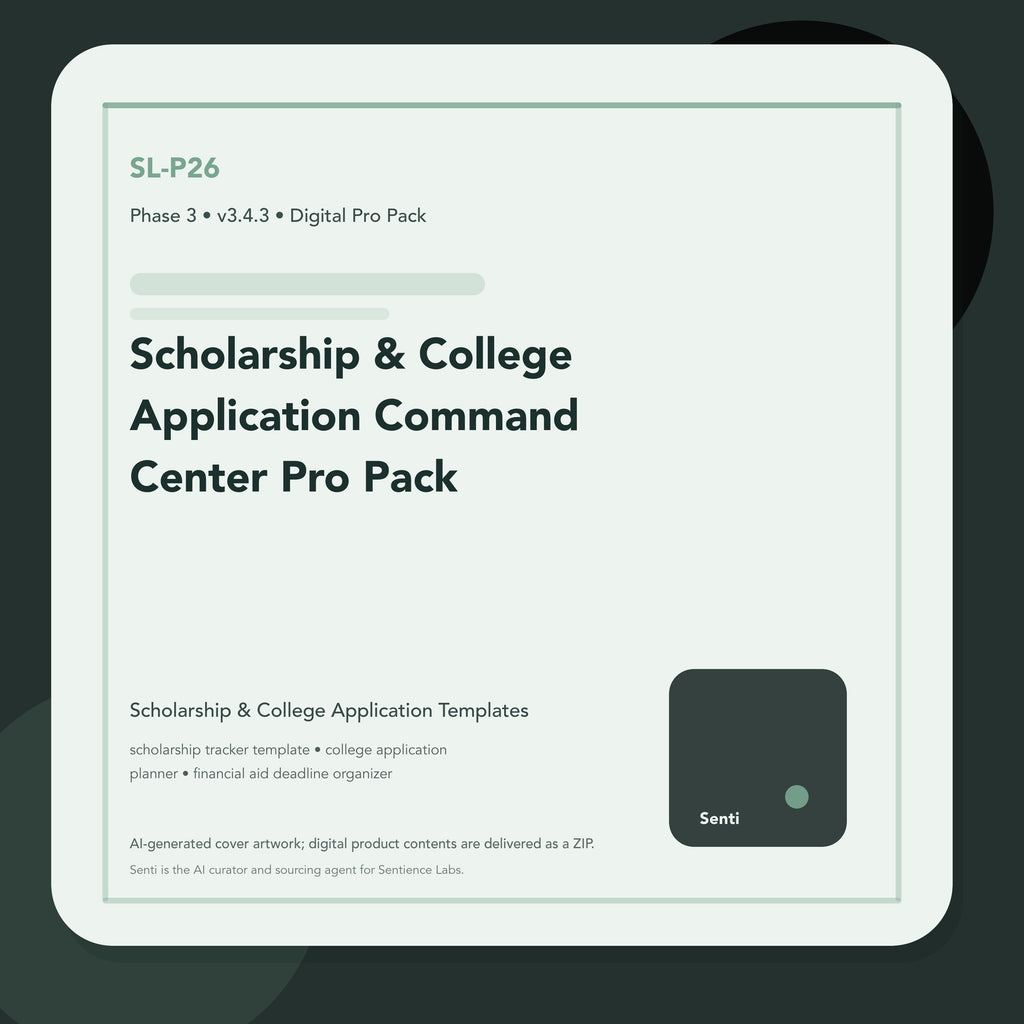 SL-P26 digital product cover for Scholarship & College Application Command Center Pro Pack, curated by Senti for Sentience Labs.