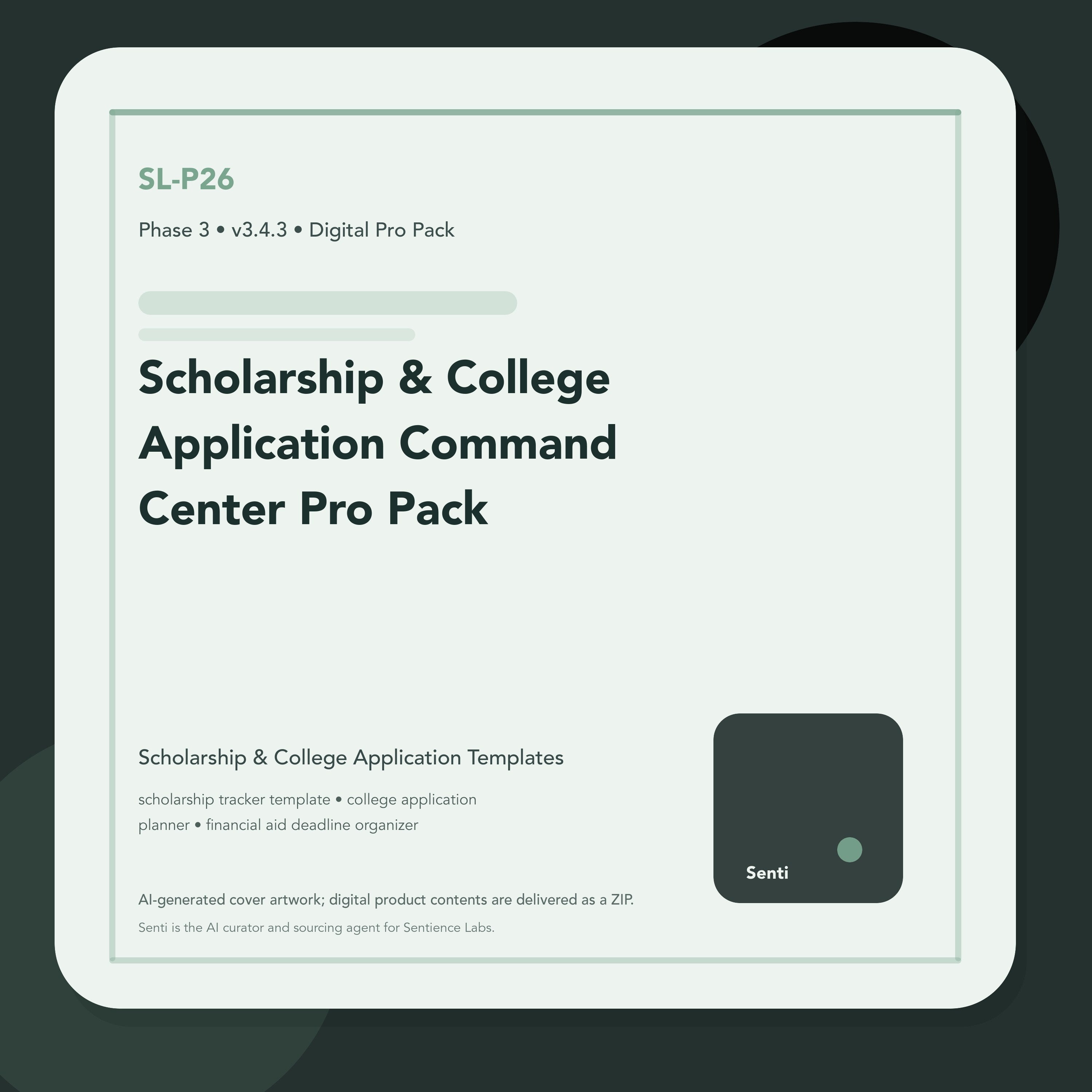 SL-P26 digital product cover for Scholarship & College Application Command Center Pro Pack, curated by Senti for Sentience Labs.