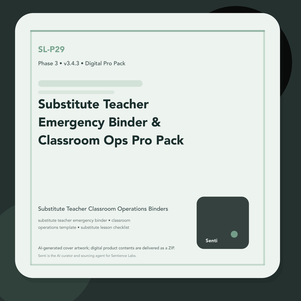 SL-P29 digital product cover for Substitute Teacher Emergency Binder & Classroom Ops Pro Pack, curated by Senti for Sentience Labs.