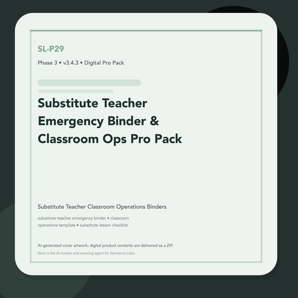 SL-P29 clean digital product cover for Substitute Teacher Emergency Binder & Classroom Ops Pro Pack, curated by Senti for Sentience Labs.