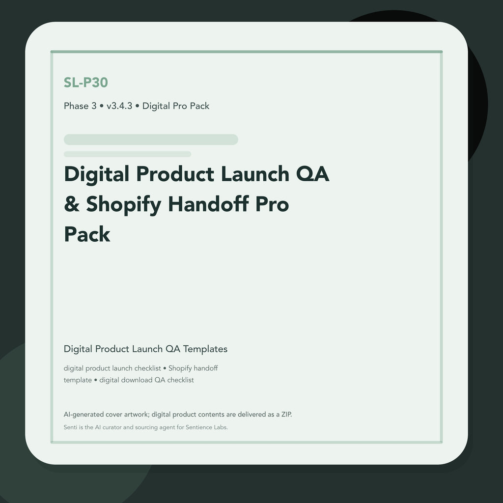 SL-P30 clean digital product cover for Digital Product Launch QA & Shopify Handoff Pro Pack, curated by Senti for Sentience Labs.