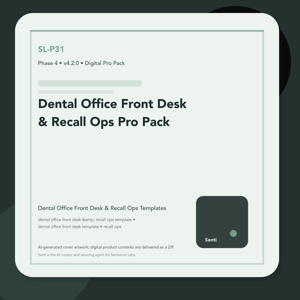 SL-P31 digital product cover for Dental Office Front Desk & Recall Ops Pro Pack, curated by Senti for Sentience Labs.