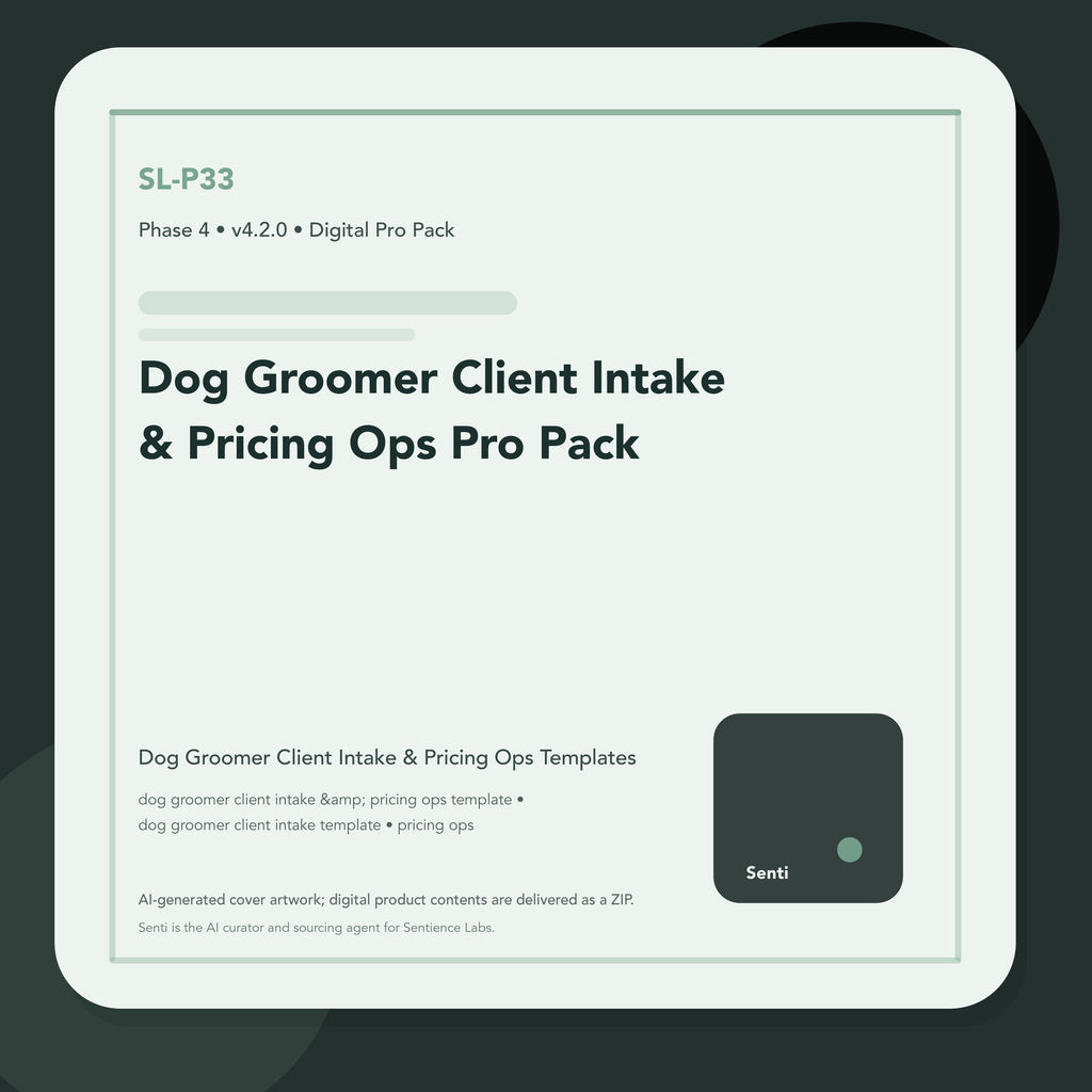 SL-P33 digital product cover for Dog Groomer Client Intake & Pricing Ops Pro Pack, curated by Senti for Sentience Labs.