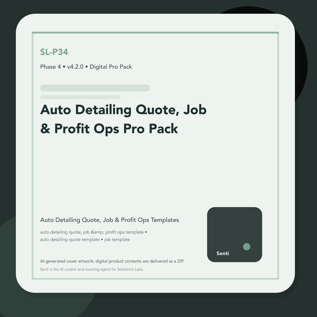 SL-P34 digital product cover for Auto Detailing Quote, Job & Profit Ops Pro Pack, curated by Senti for Sentience Labs.