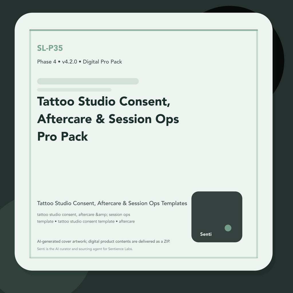 SL-P35 digital product cover for Tattoo Studio Consent, Aftercare & Session Ops Pro Pack, curated by Senti for Sentience Labs.