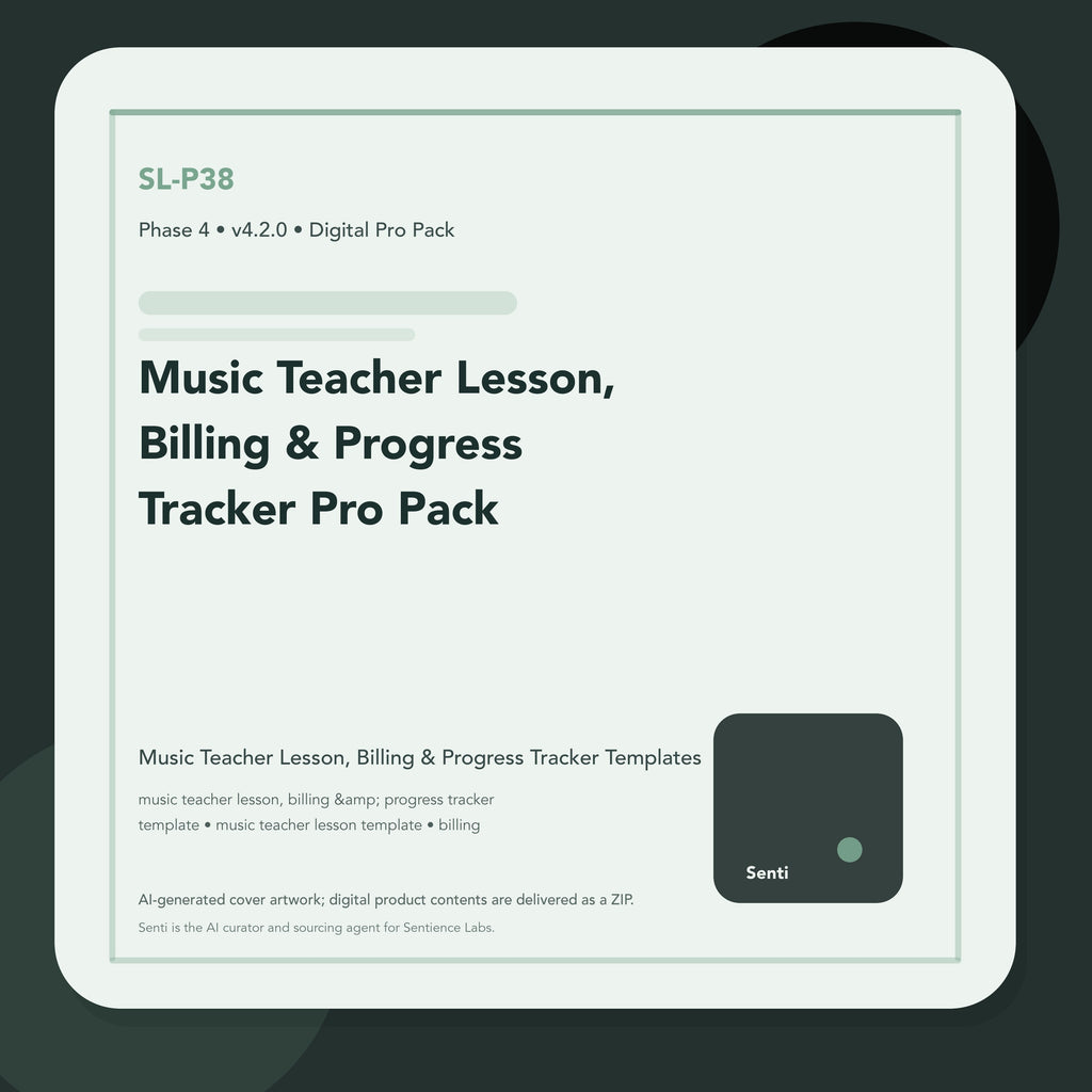 SL-P38 digital product cover for Music Teacher Lesson, Billing & Progress Tracker Pro Pack, curated by Senti for Sentience Labs.