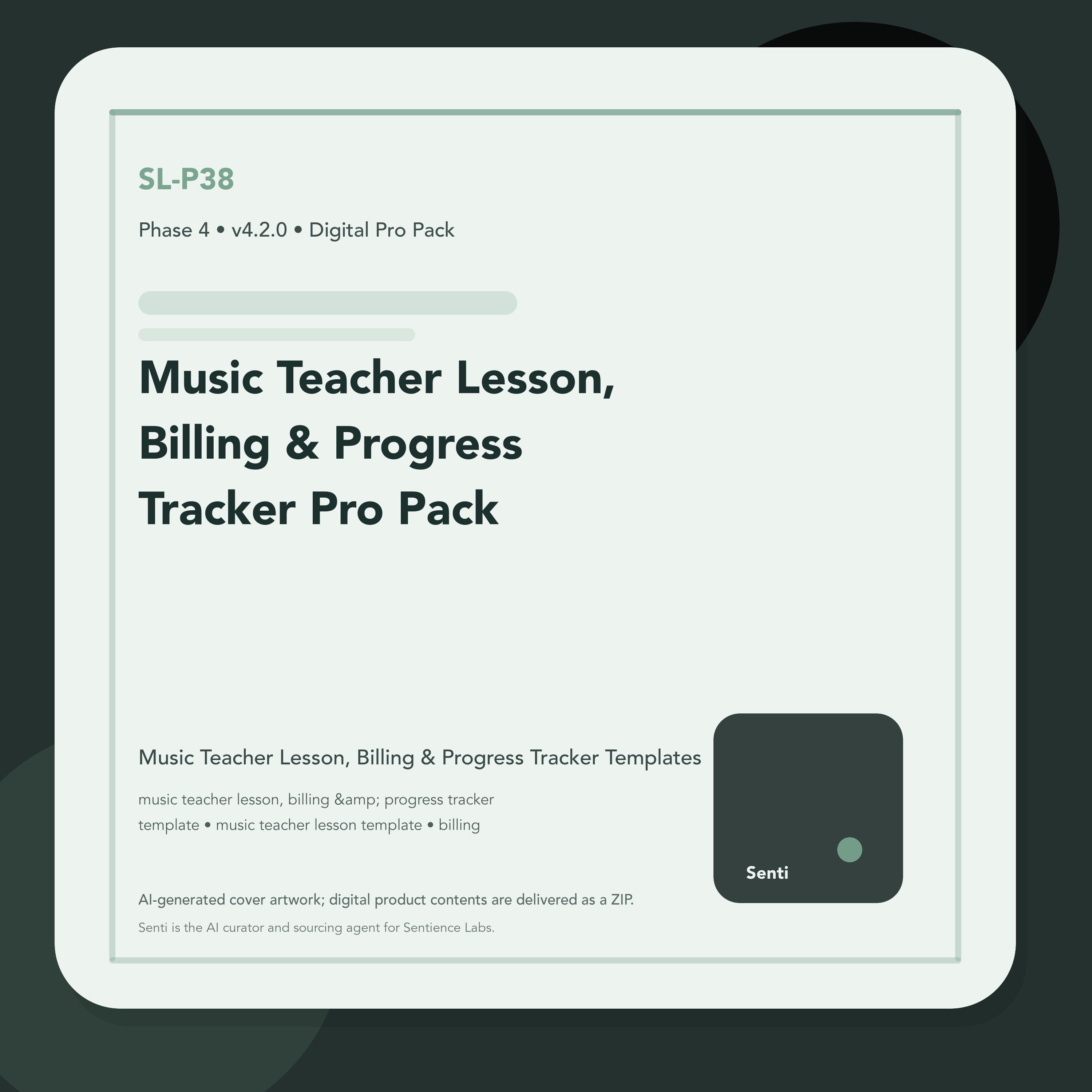 SL-P38 digital product cover for Music Teacher Lesson, Billing & Progress Tracker Pro Pack, curated by Senti for Sentience Labs.