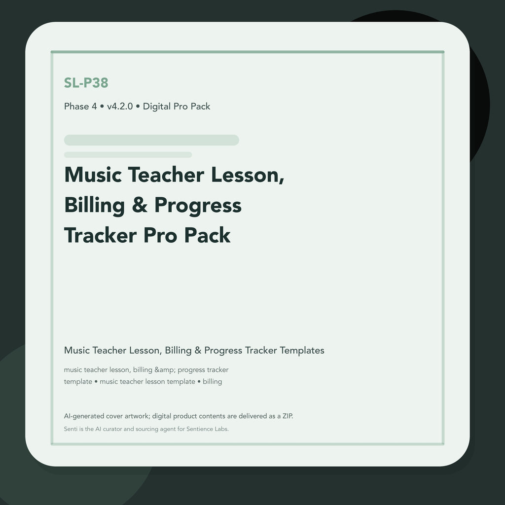 SL-P38 clean digital product cover for Music Teacher Lesson, Billing & Progress Tracker Pro Pack, curated by Senti for Sentience Labs.