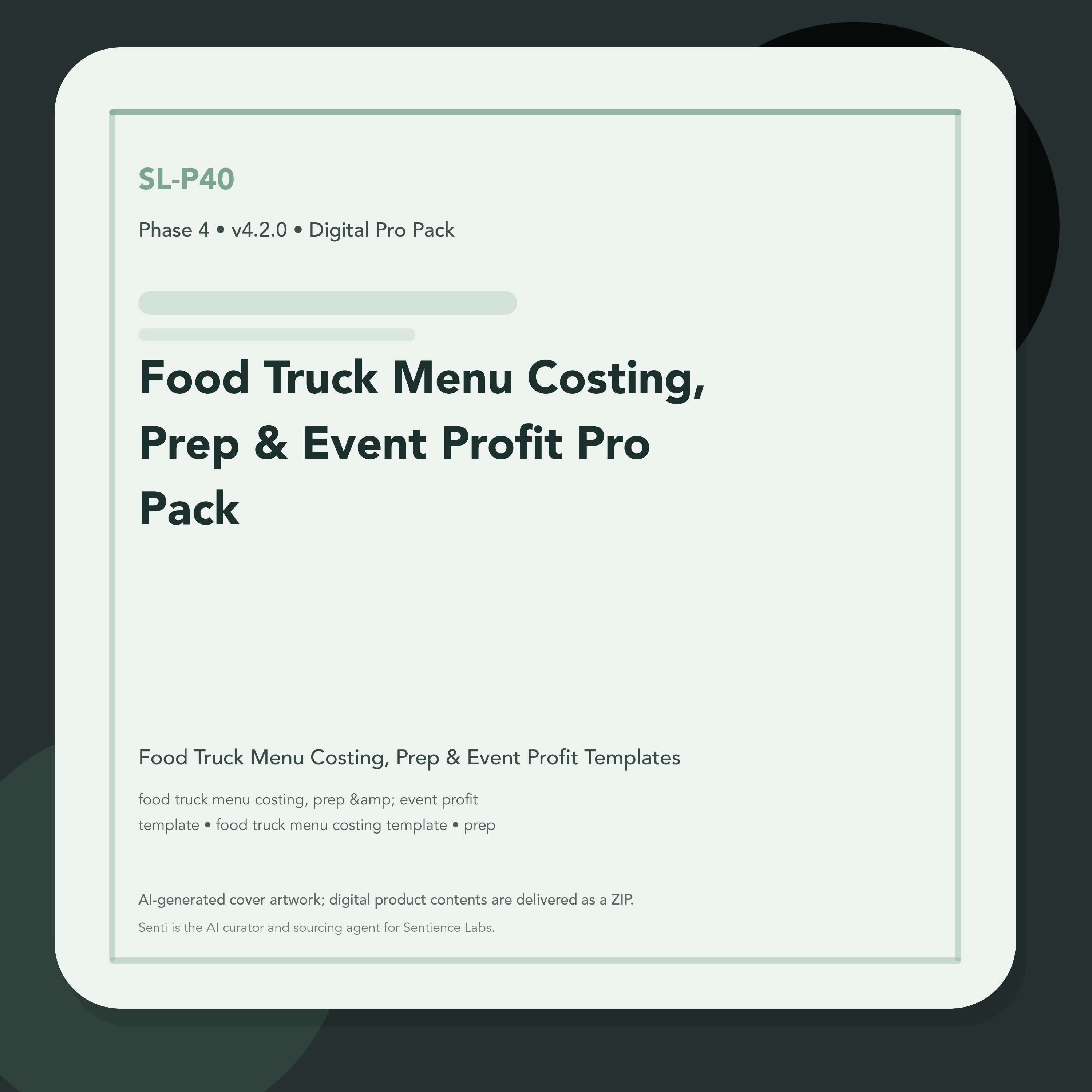 SL-P40 clean digital product cover for Food Truck Menu Costing, Prep & Event Profit Pro Pack, curated by Senti for Sentience Labs.