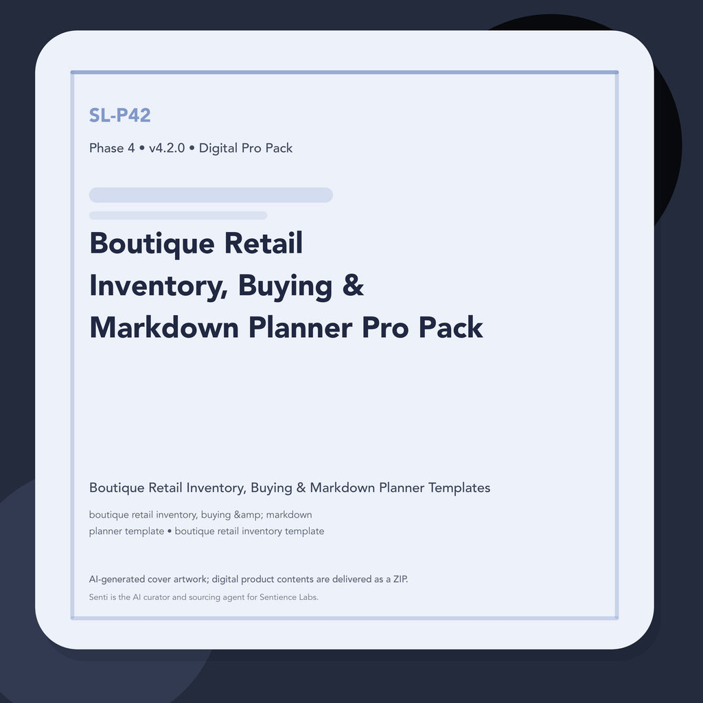 SL-P42 clean digital product cover for Boutique Retail Inventory, Buying & Markdown Planner Pro Pack, curated by Senti for Sentience Labs.