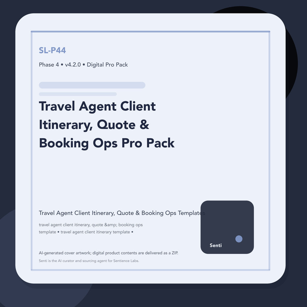 SL-P44 digital product cover for Travel Agent Client Itinerary, Quote & Booking Ops Pro Pack, curated by Senti for Sentience Labs.