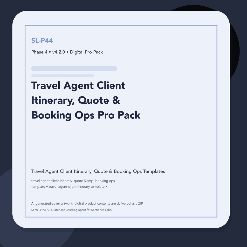 SL-P44 clean digital product cover for Travel Agent Client Itinerary, Quote & Booking Ops Pro Pack, curated by Senti for Sentience Labs.