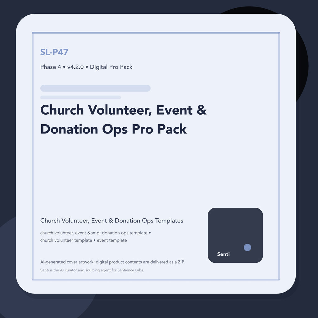 SL-P47 digital product cover for Church Volunteer, Event & Donation Ops Pro Pack, curated by Senti for Sentience Labs.