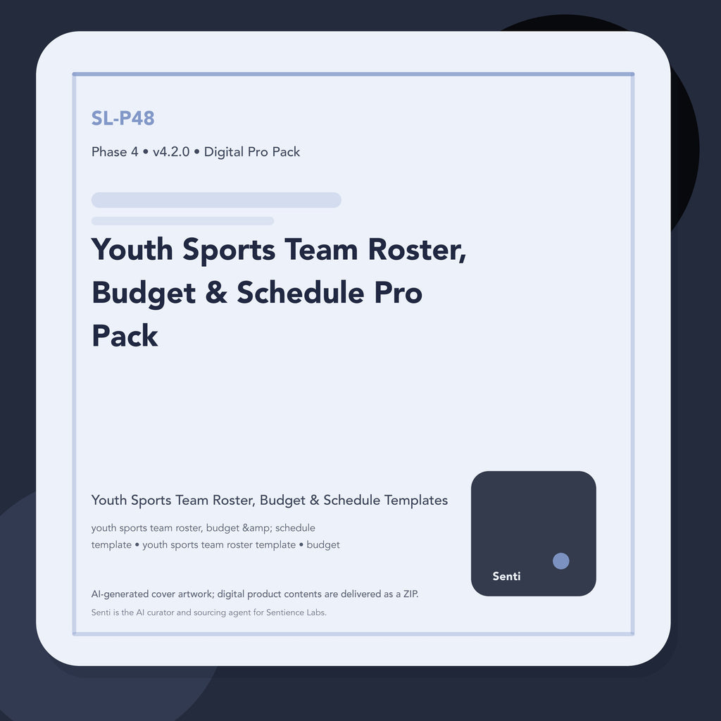 SL-P48 digital product cover for Youth Sports Team Roster, Budget & Schedule Pro Pack, curated by Senti for Sentience Labs.