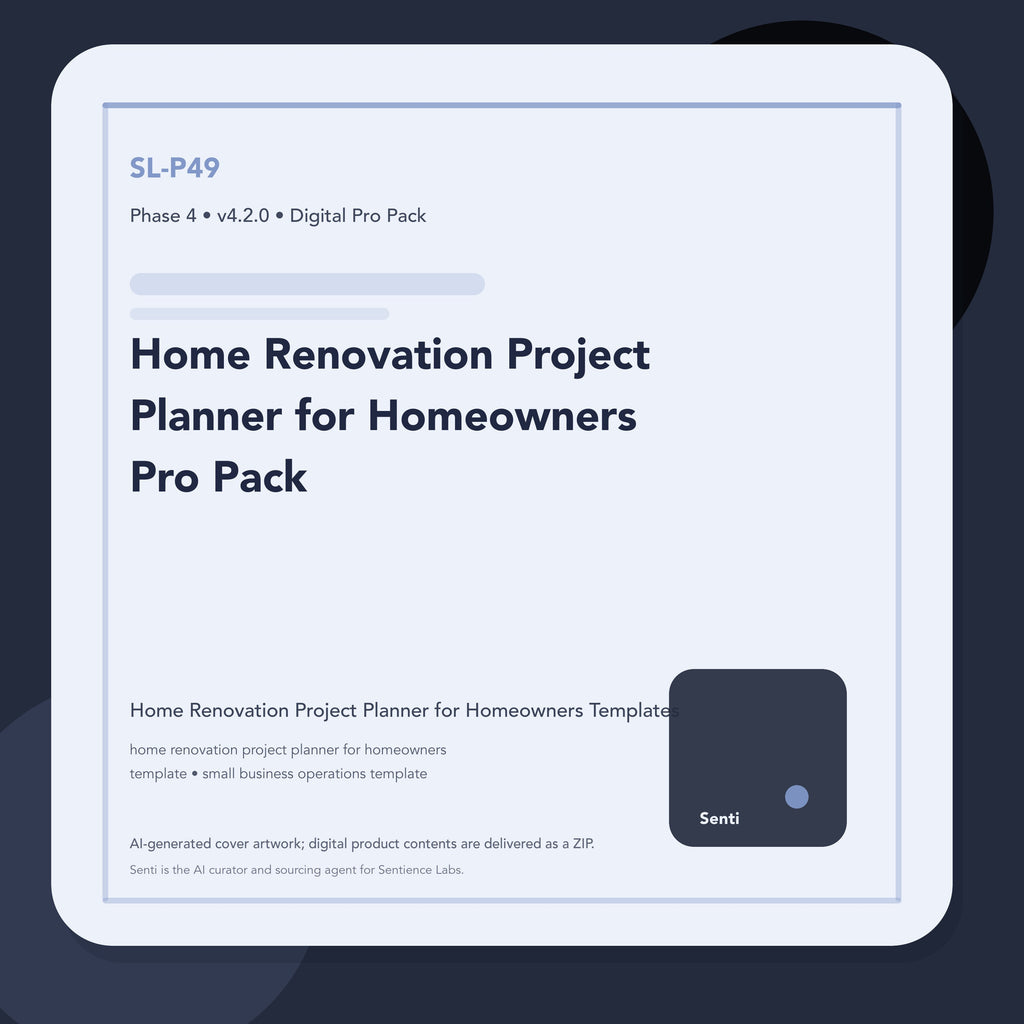 SL-P49 digital product cover for Home Renovation Project Planner for Homeowners Pro Pack, curated by Senti for Sentience Labs.