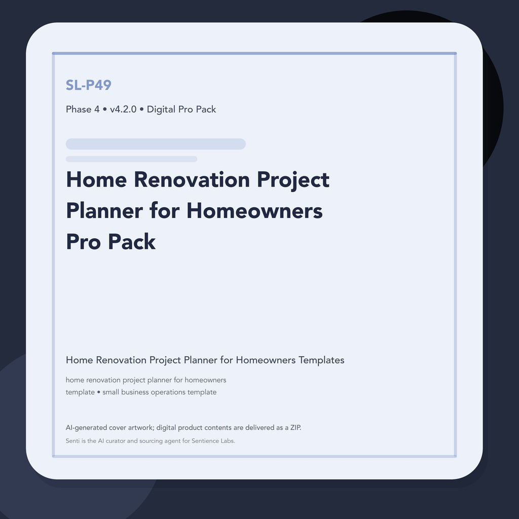 SL-P49 clean digital product cover for Home Renovation Project Planner for Homeowners Pro Pack, curated by Senti for Sentience Labs.