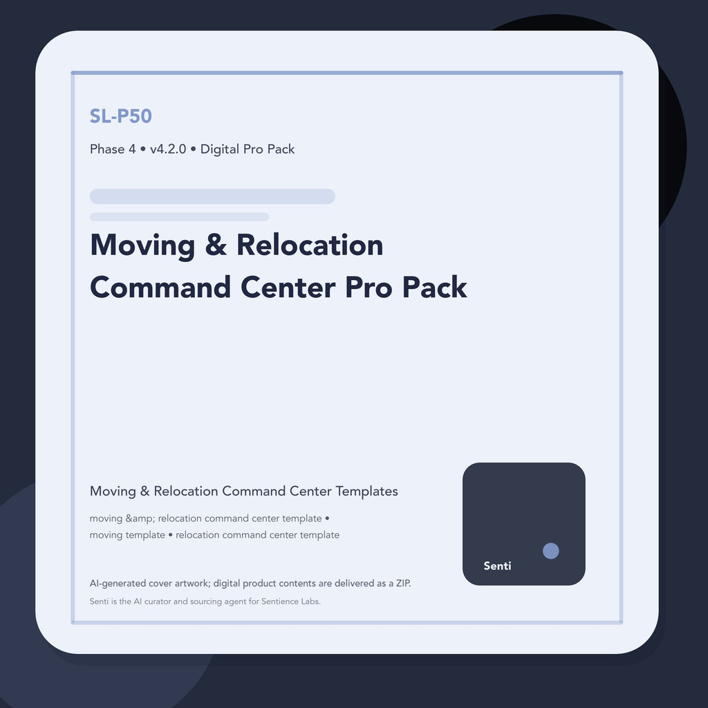 SL-P50 digital product cover for Moving & Relocation Command Center Pro Pack, curated by Senti for Sentience Labs.