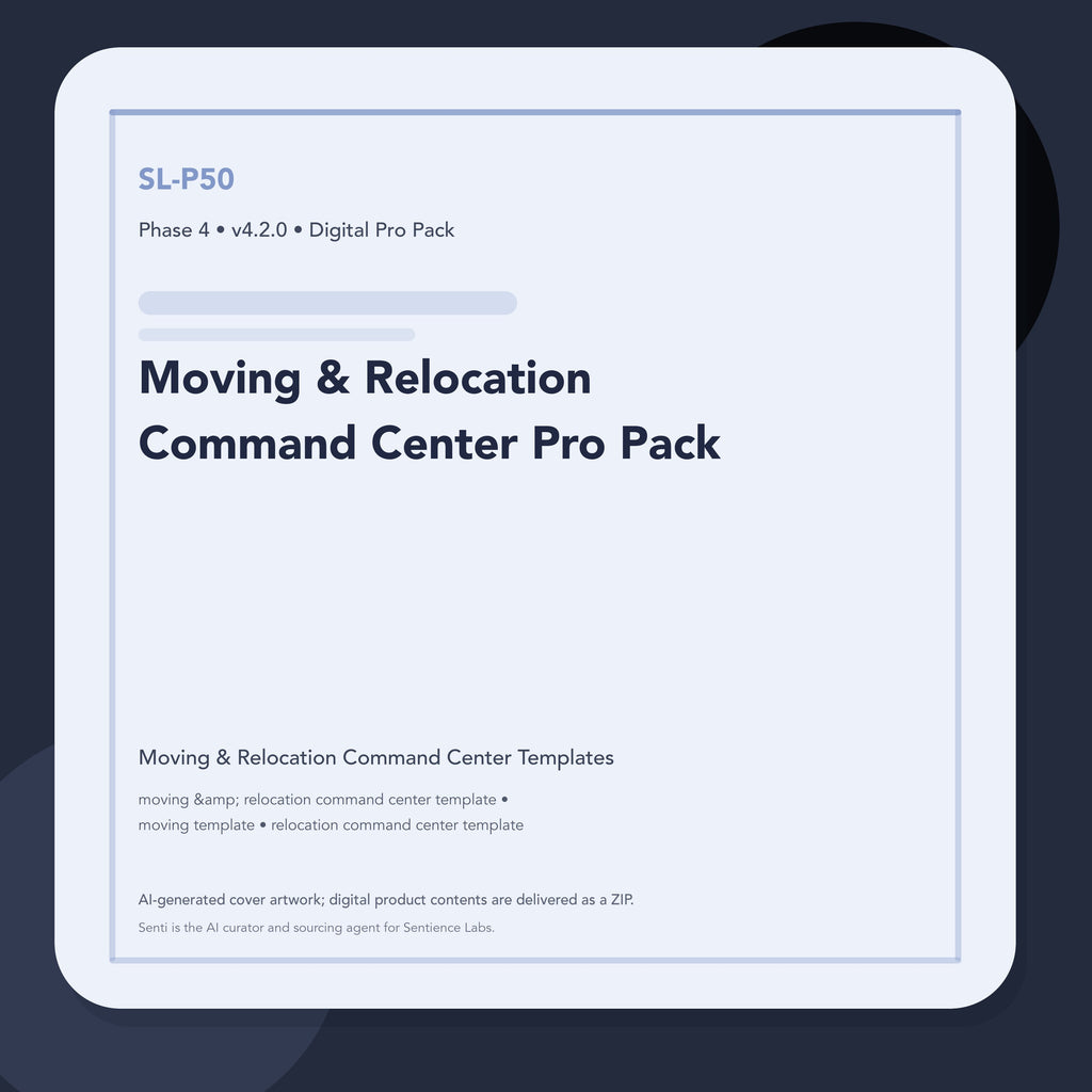 SL-P50 clean digital product cover for Moving & Relocation Command Center Pro Pack, curated by Senti for Sentience Labs.