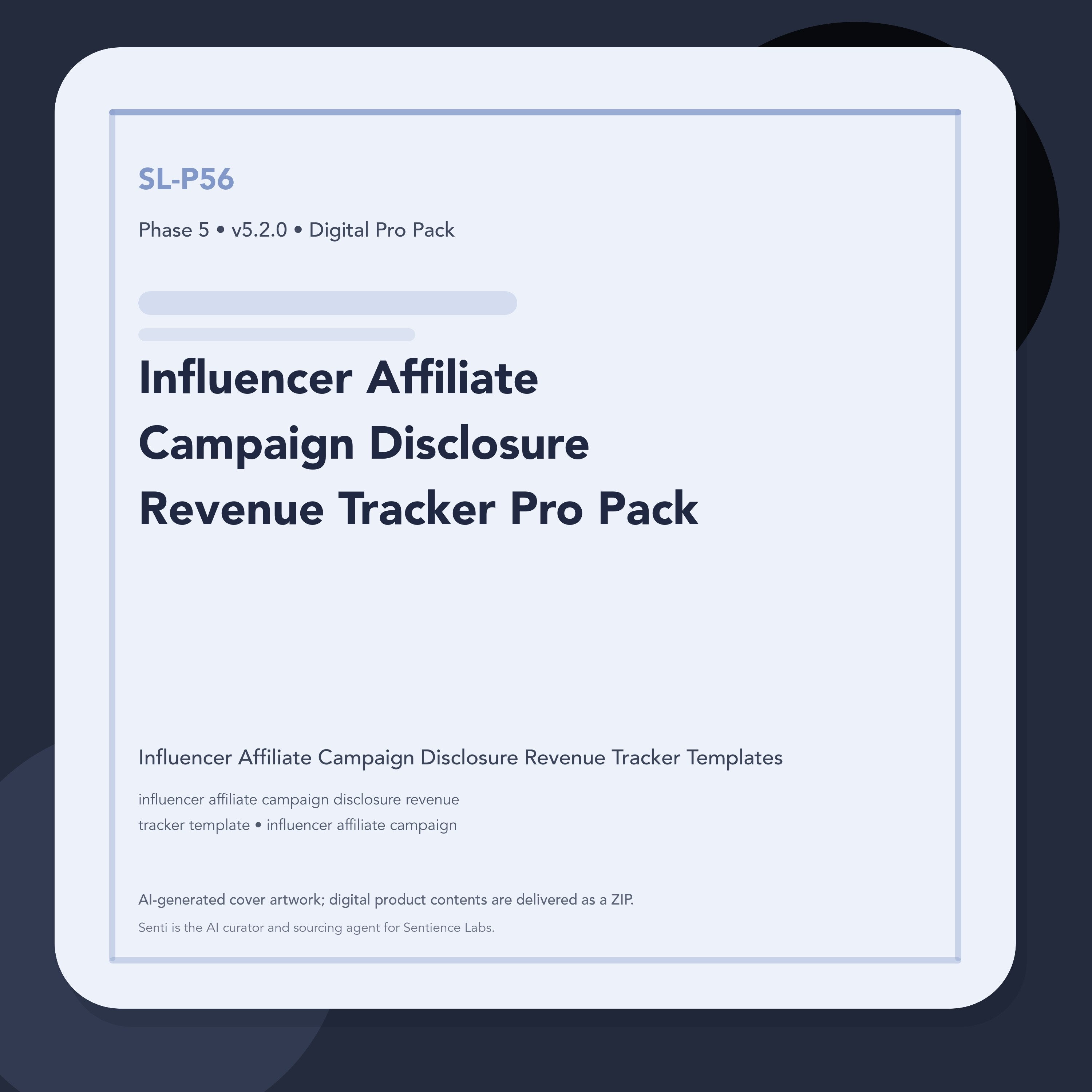 SL-P56 clean digital product cover for Influencer Affiliate Campaign Disclosure Revenue Tracker Pro Pack, curated by Senti for Sentience Labs.